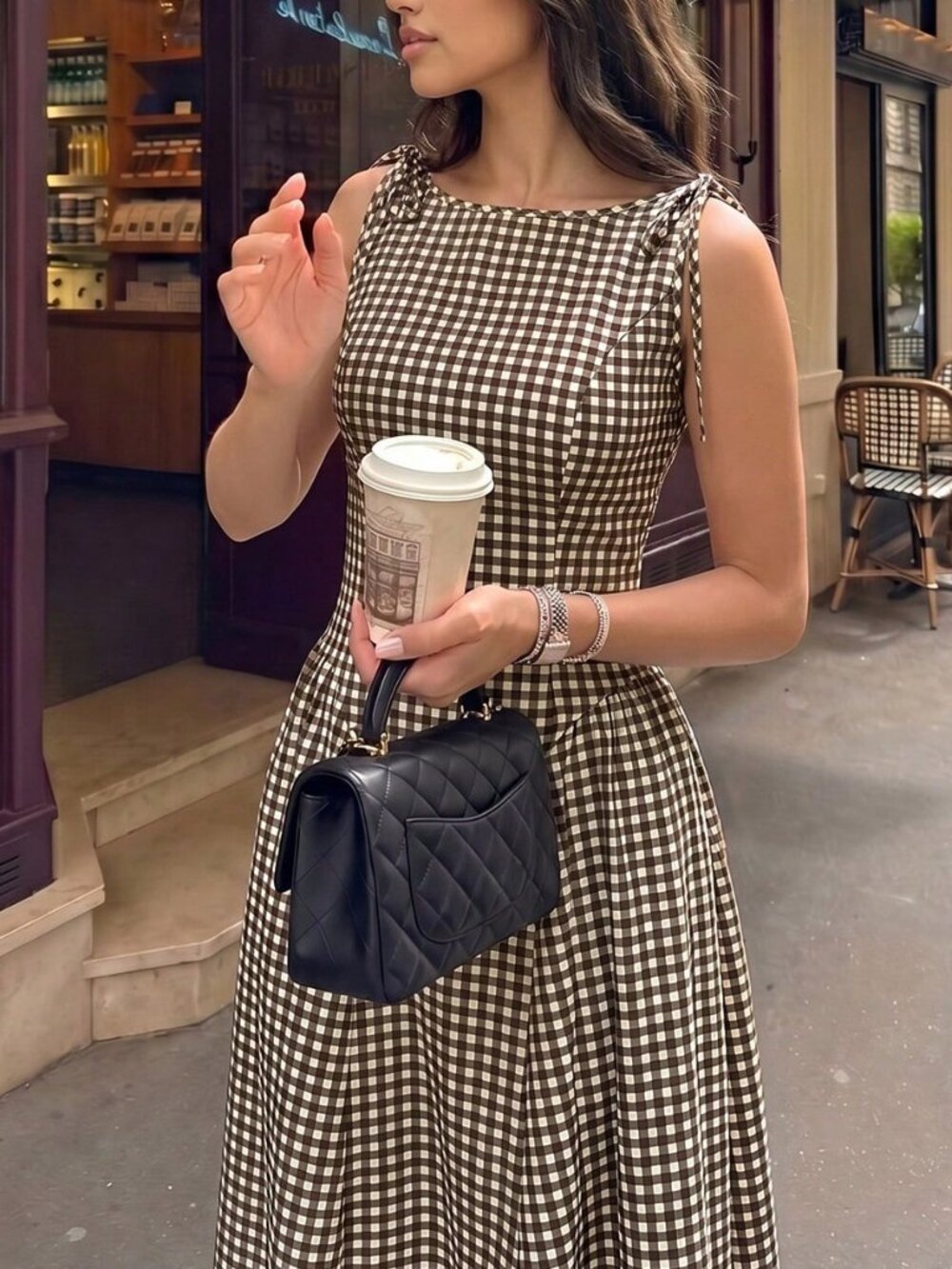Brown Elegant Women's Sleeveless Plaid Waist-Cinching A-Line Midi Dress - Picture 4 of 8